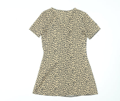 Boohoo Women Beige Animal Print Button Front Mini Dress UK 6