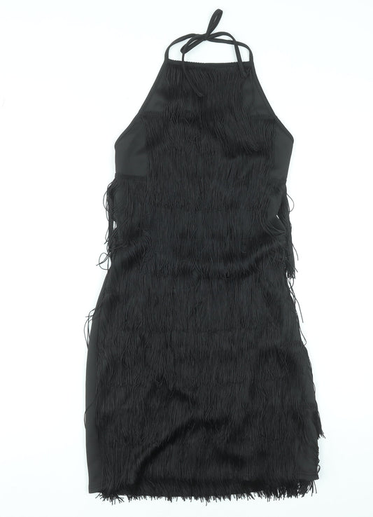 PrettyLittleThing Women’s Black Halter Fringe Bodycon Party Dress Size 8