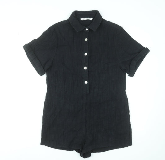 Zara Women Black Cotton Collared Short Sleeve Playsuit Size S