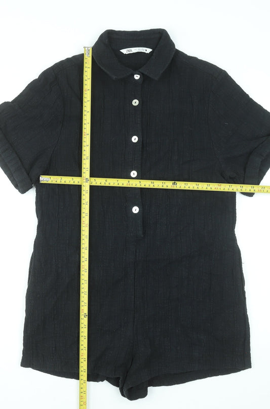 Zara Women Black Cotton Collared Short Sleeve Playsuit Size S