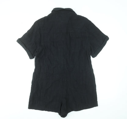 Zara Women Black Cotton Collared Short Sleeve Playsuit Size S