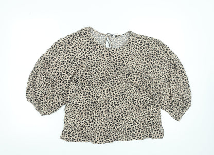 John Lewis Women’s Beige Animal Print Puff Sleeve Viscose Blouse Size 12