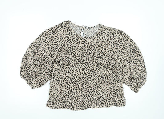 John Lewis Women’s Beige Animal Print Puff Sleeve Viscose Blouse Size 12