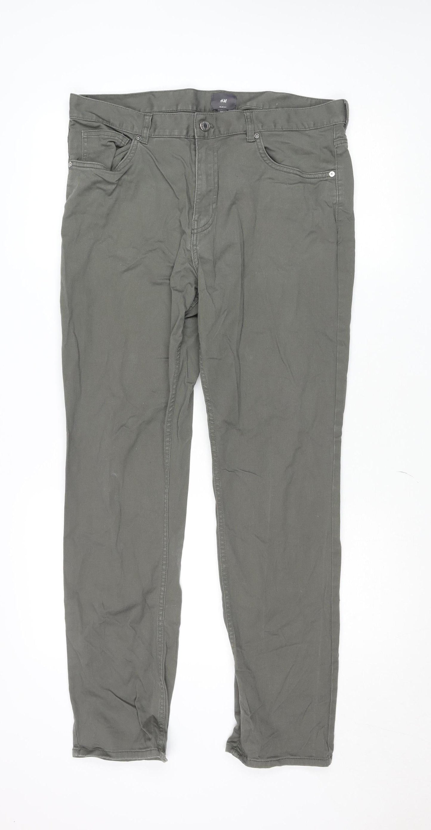 H&M Men's Green Slim Fit Chino Trousers Size 34 Cotton Blend