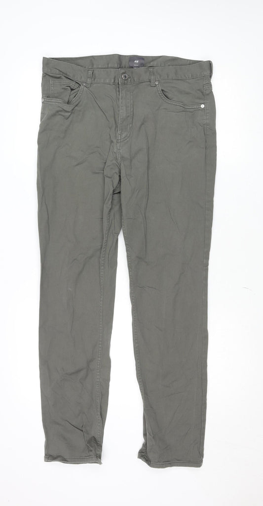 H&M Men's Green Slim Fit Chino Trousers Size 34 Cotton Blend