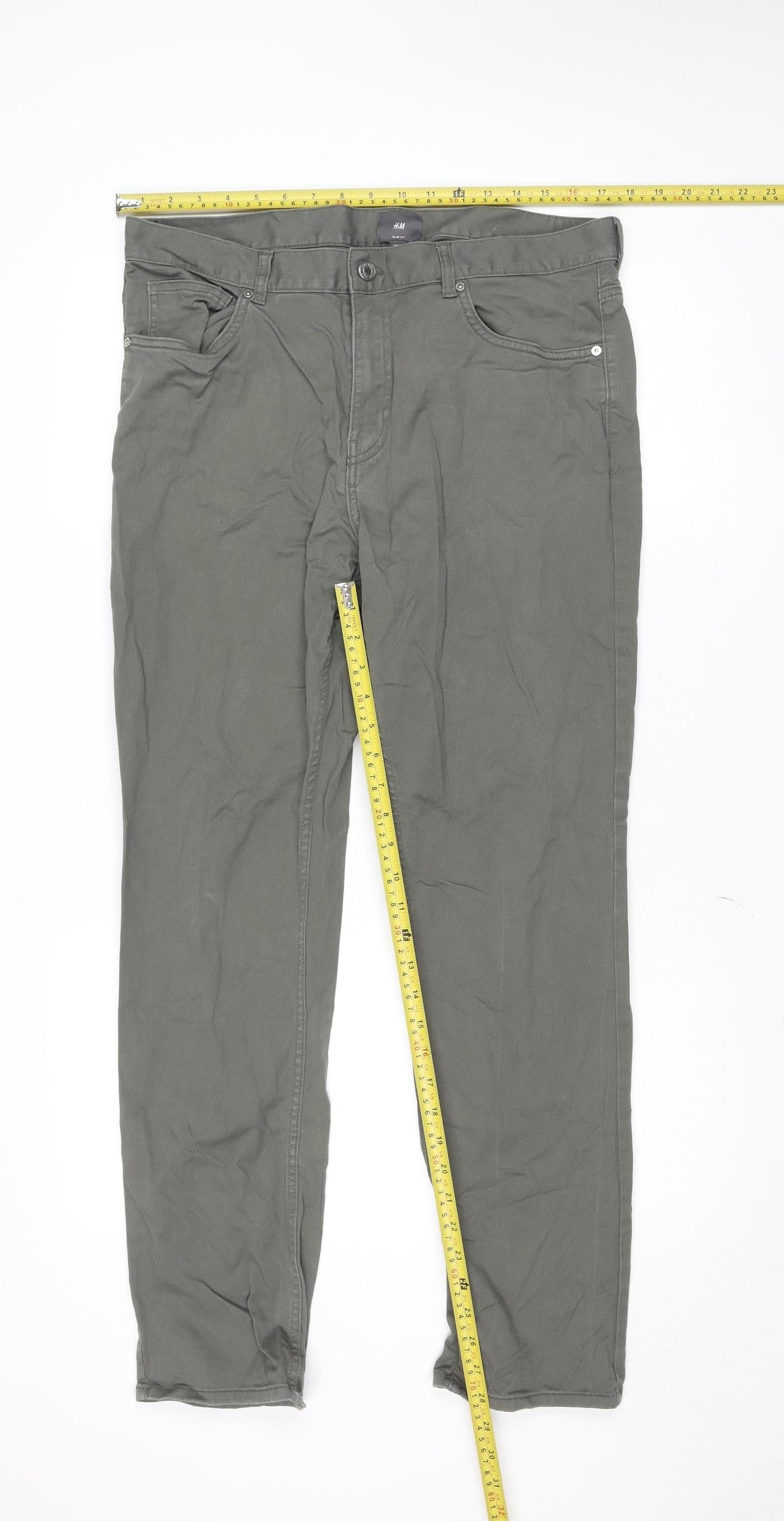 H&M Men's Green Slim Fit Chino Trousers Size 34 Cotton Blend