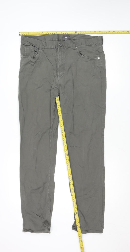 H&M Men's Green Slim Fit Chino Trousers Size 34 Cotton Blend