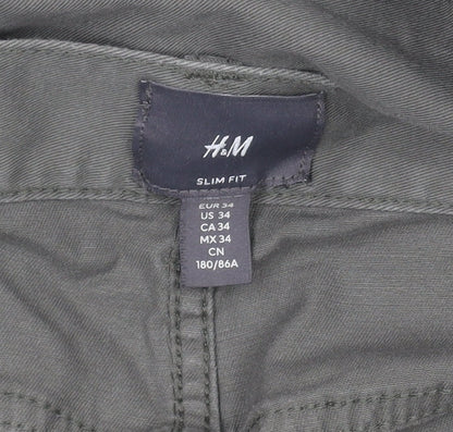 H&M Men's Green Slim Fit Chino Trousers Size 34 Cotton Blend