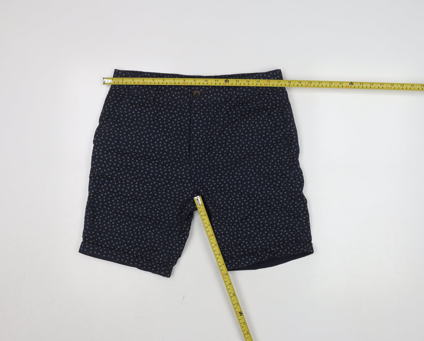 Broken Standard Men Blue Geometric Cotton Chino Shorts Size 32