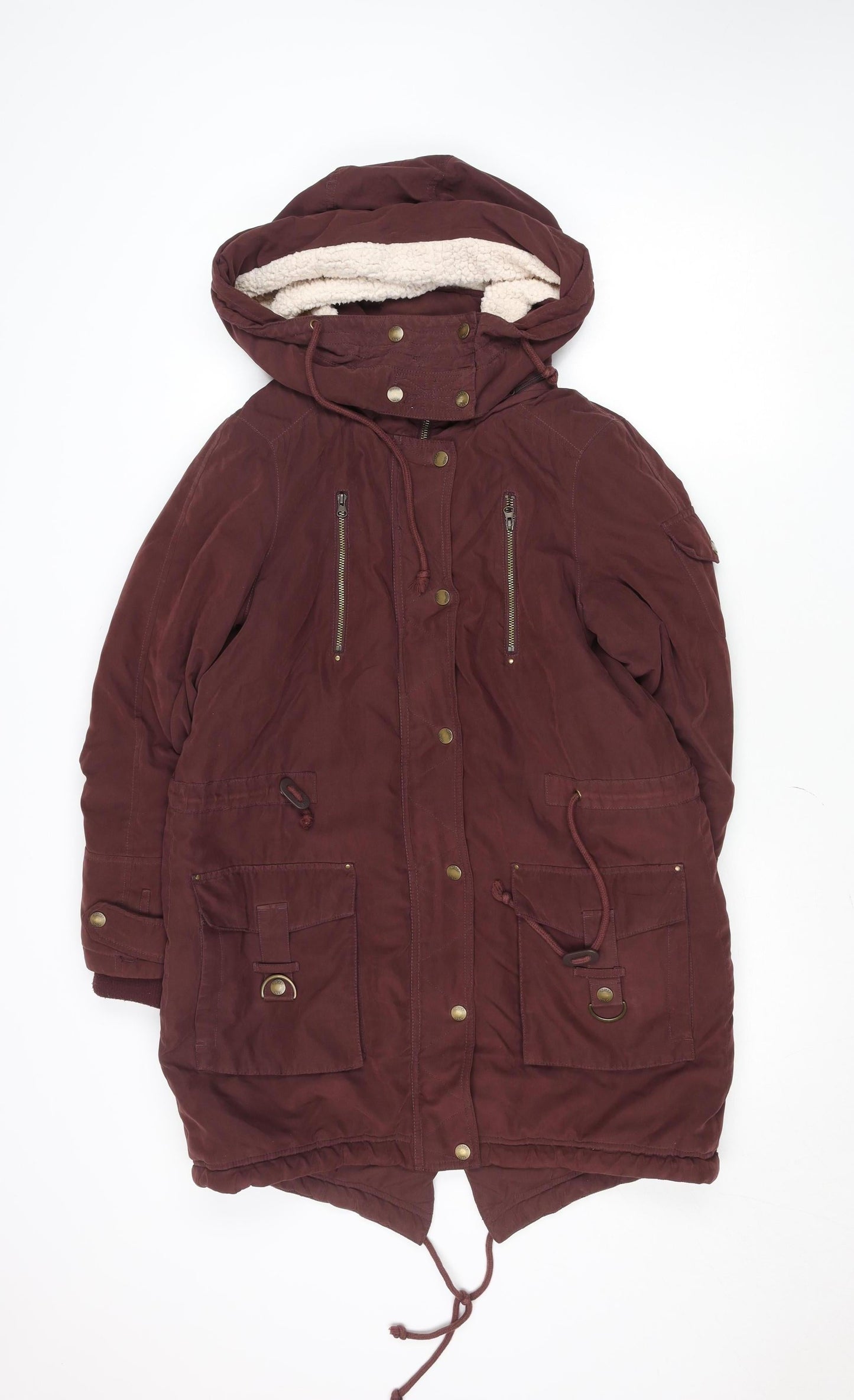 Noisy May Women’s Brown Hooded Parka Jacket M Lined Drawstring Zip Casual
