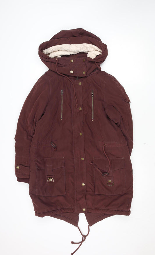 Noisy May Women’s Brown Hooded Parka Jacket M Lined Drawstring Zip Casual
