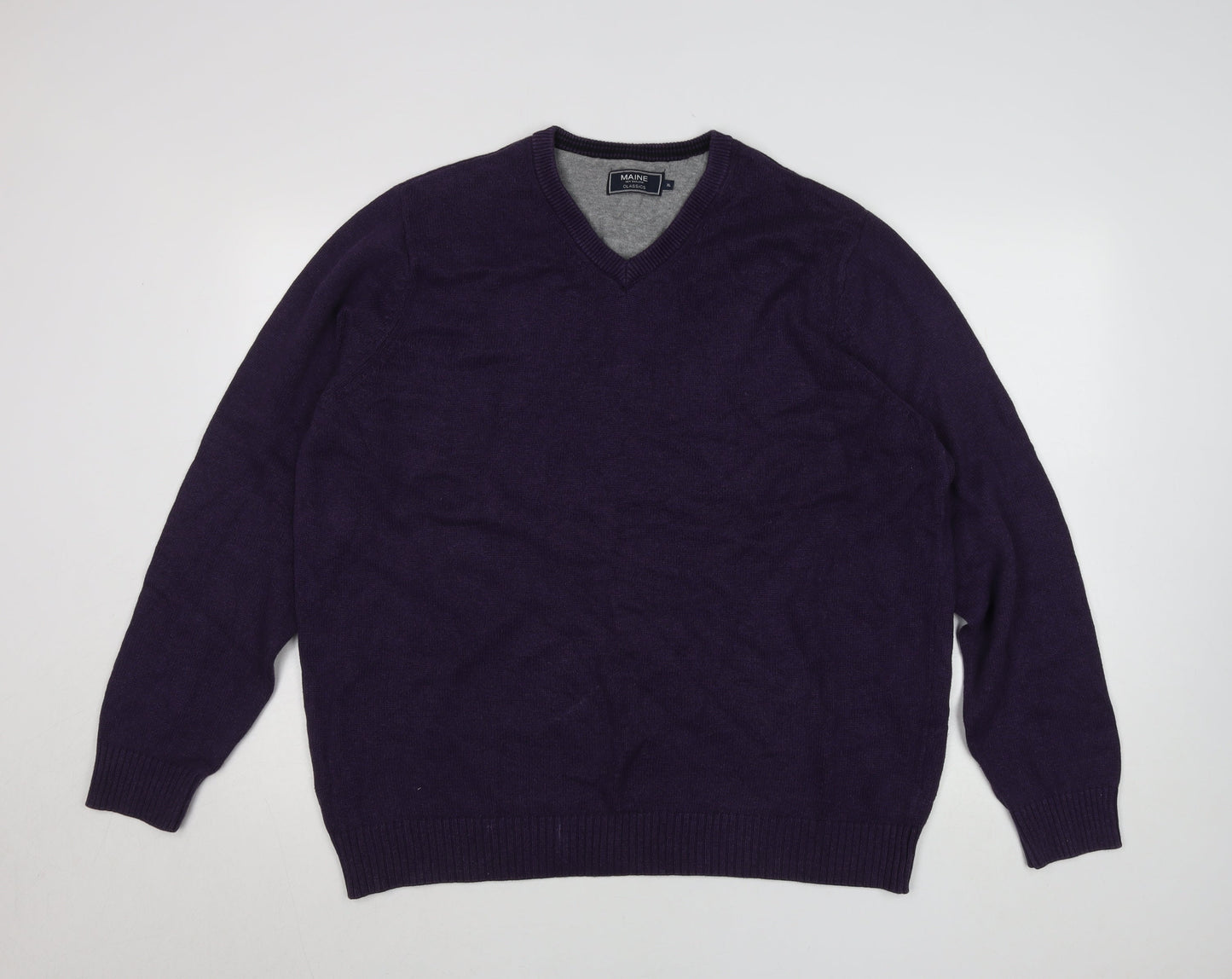 Maine New England Men's Purple Wool V-Neck Jumper XL