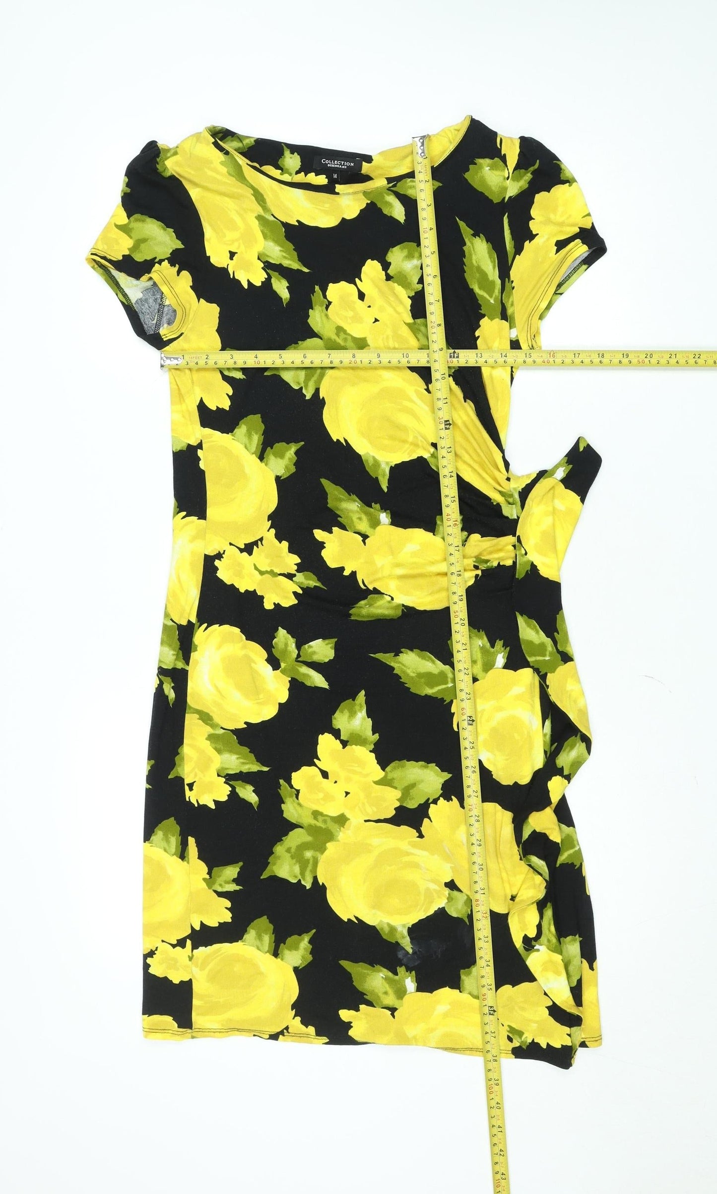 Debenhams Womens Yellow Floral Bodycon Dress Size 14 Short Sleeve
