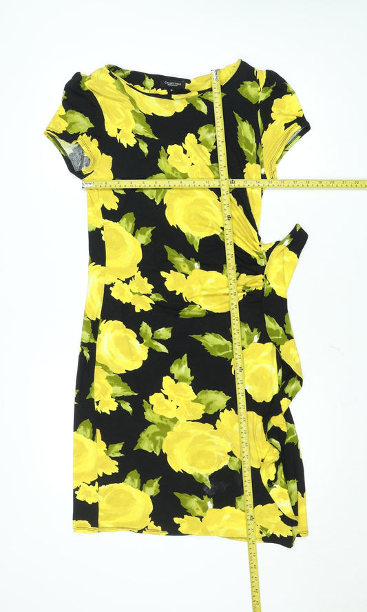 Debenhams Womens Yellow Floral Bodycon Dress Size 14 Short Sleeve