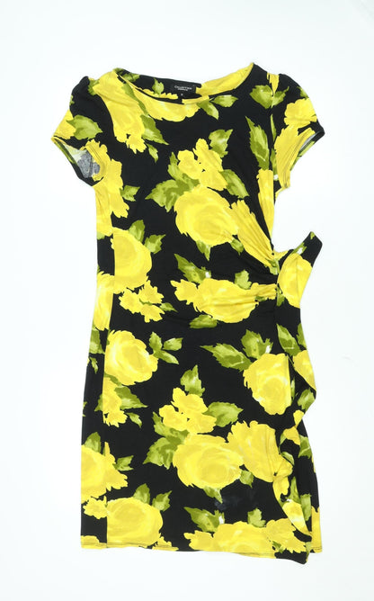 Debenhams Womens Yellow Floral Bodycon Dress Size 14 Short Sleeve