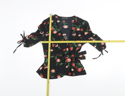 Primark Women's Black Floral Wrap Blouse Size 12 3/4 Sleeve