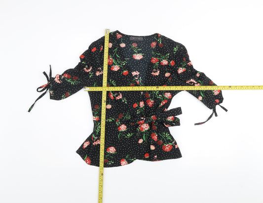Primark Women's Black Floral Wrap Blouse Size 12 3/4 Sleeve
