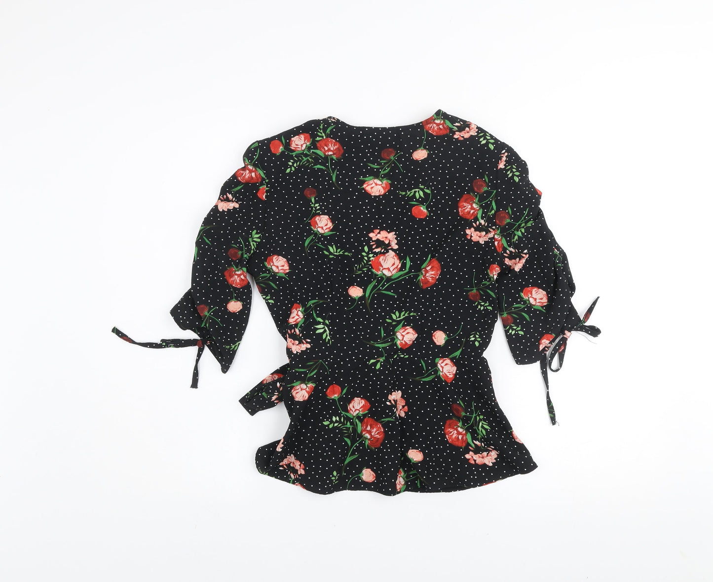 Primark Women's Black Floral Wrap Blouse Size 12 3/4 Sleeve