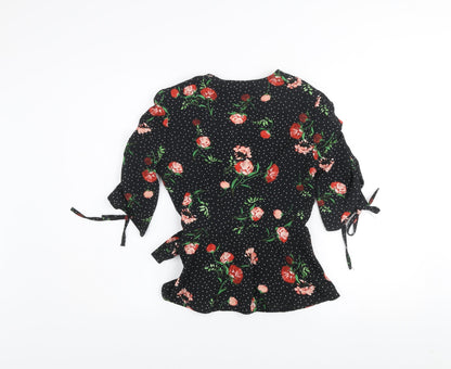 Primark Women's Black Floral Wrap Blouse Size 12 3/4 Sleeve