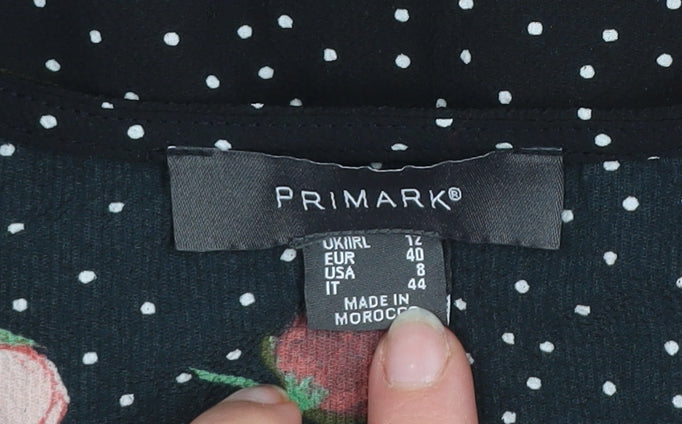 Primark Women's Black Floral Wrap Blouse Size 12 3/4 Sleeve