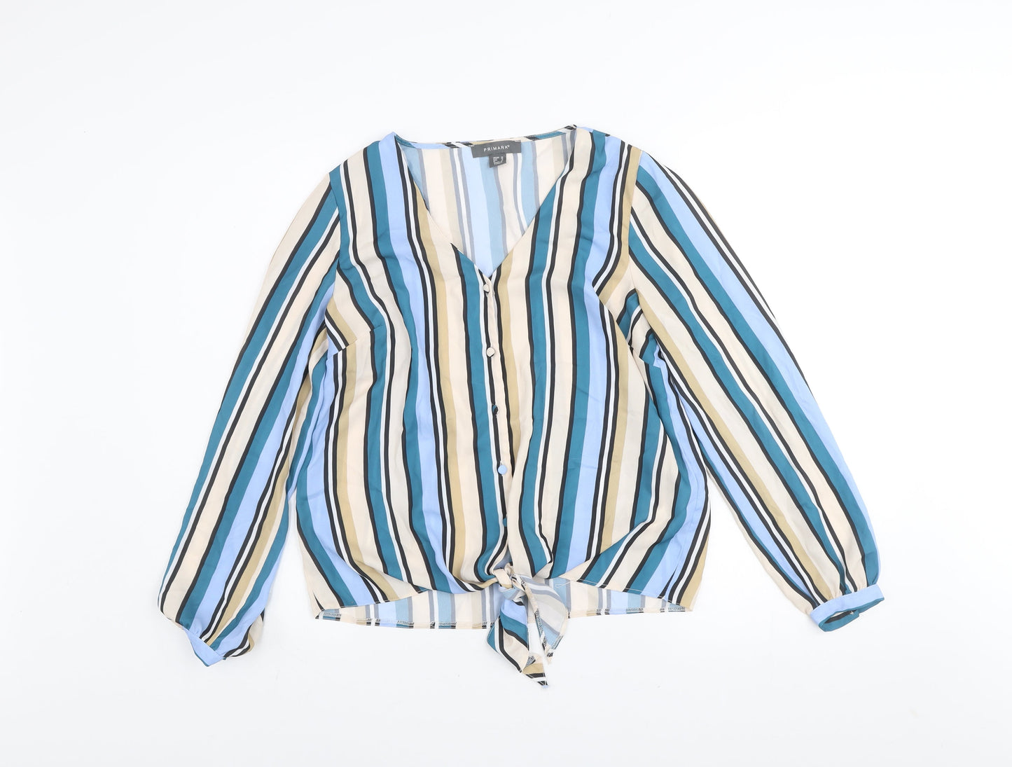 Primark Womens Multicoloured Striped V-Neck Long Sleeve Tie Front Blouse Size 10