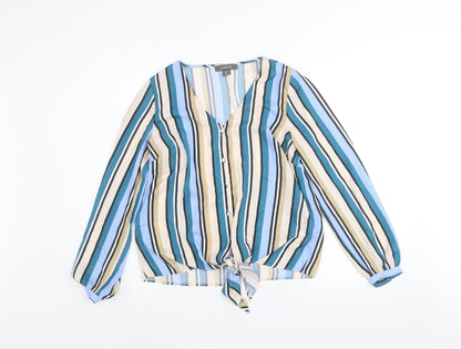 Primark Womens Multicoloured Striped V-Neck Long Sleeve Tie Front Blouse Size 10