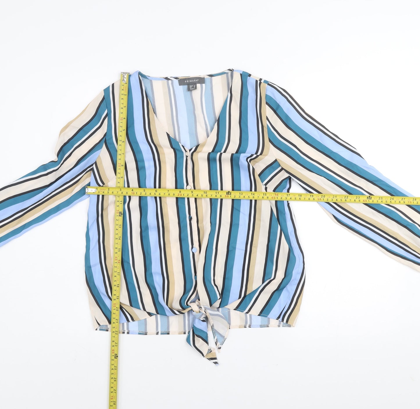 Primark Womens Multicoloured Striped V-Neck Long Sleeve Tie Front Blouse Size 10