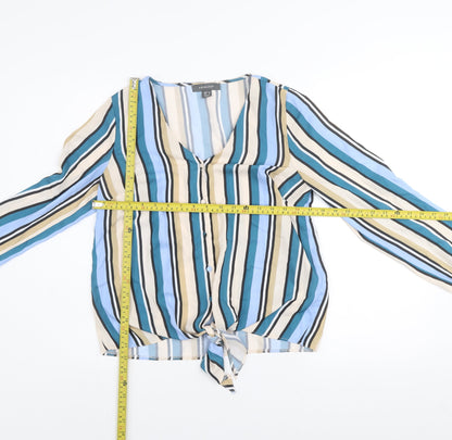 Primark Womens Multicoloured Striped V-Neck Long Sleeve Tie Front Blouse Size 10