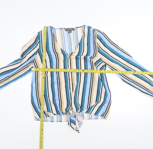 Primark Womens Multicoloured Striped V-Neck Long Sleeve Tie Front Blouse Size 10
