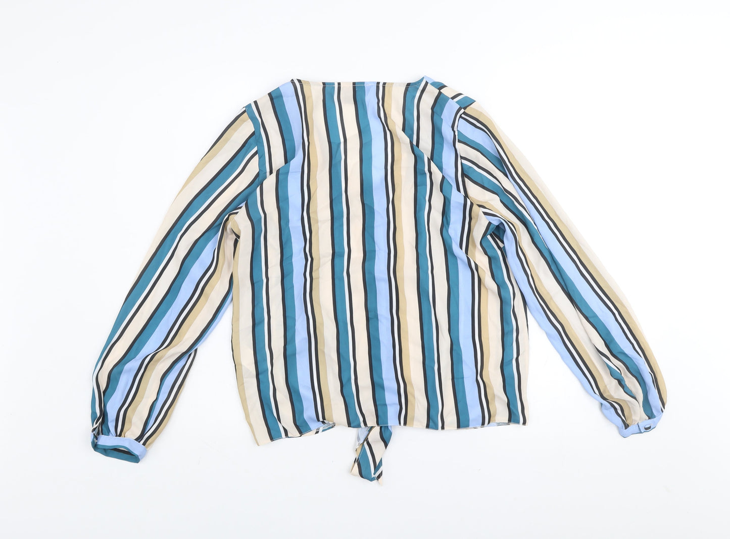 Primark Womens Multicoloured Striped V-Neck Long Sleeve Tie Front Blouse Size 10