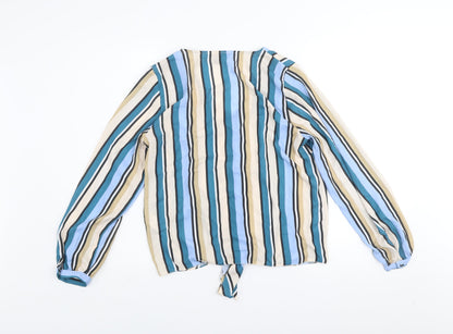 Primark Womens Multicoloured Striped V-Neck Long Sleeve Tie Front Blouse Size 10