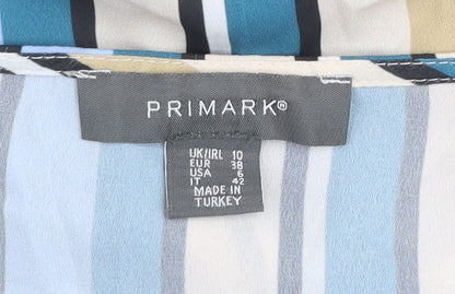 Primark Womens Multicoloured Striped V-Neck Long Sleeve Tie Front Blouse Size 10