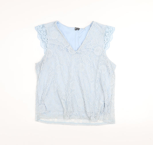 Pieces Women Blue Lace V-Neck Sleeveless Blouse Size 16