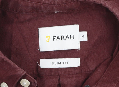 Farah Men's Burgundy Slim Fit Button-Up Cotton Long Sleeve Shirt M