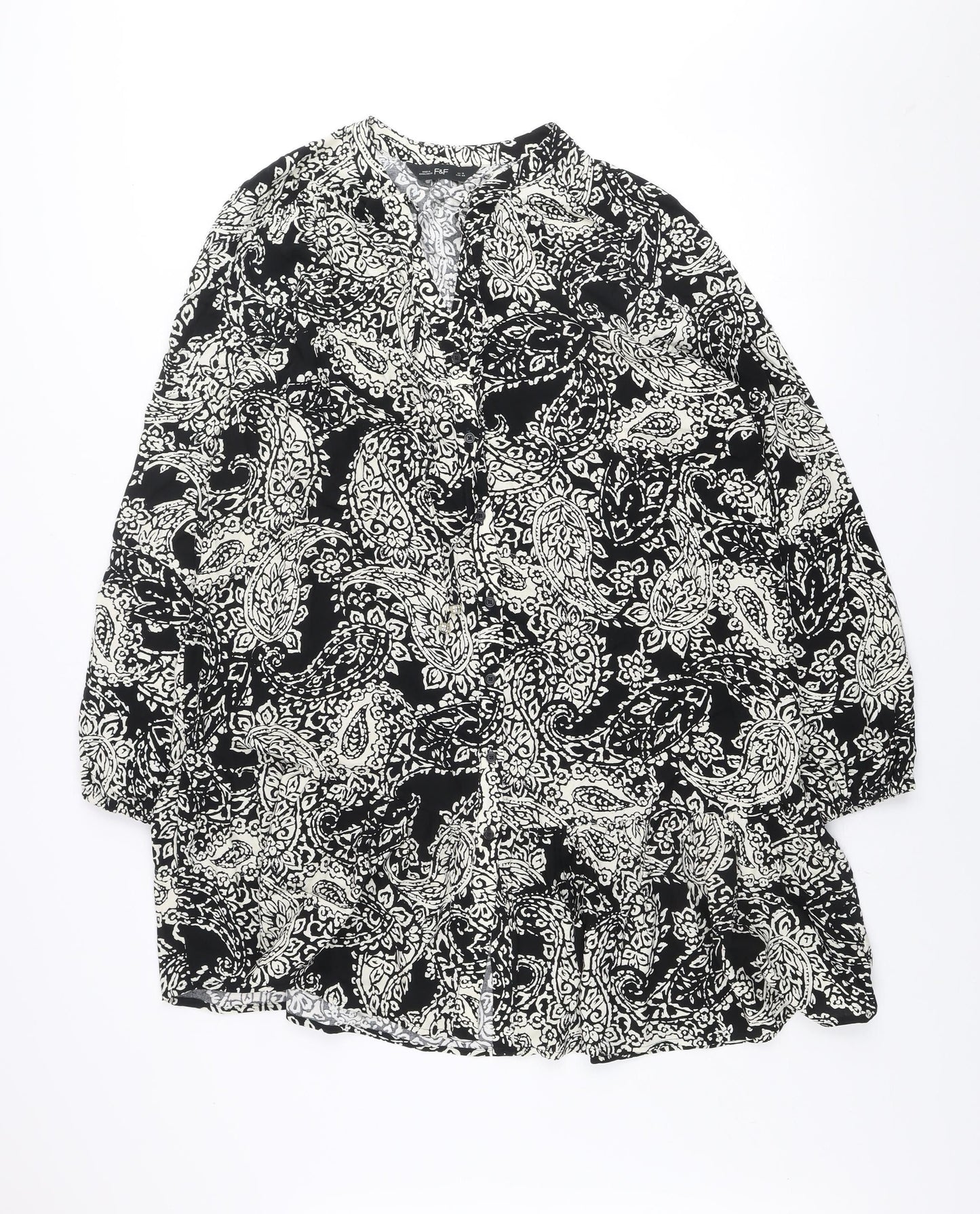 F&F Women’s Black Paisley Shift Dress Size 16 Viscose Long Sleeve
