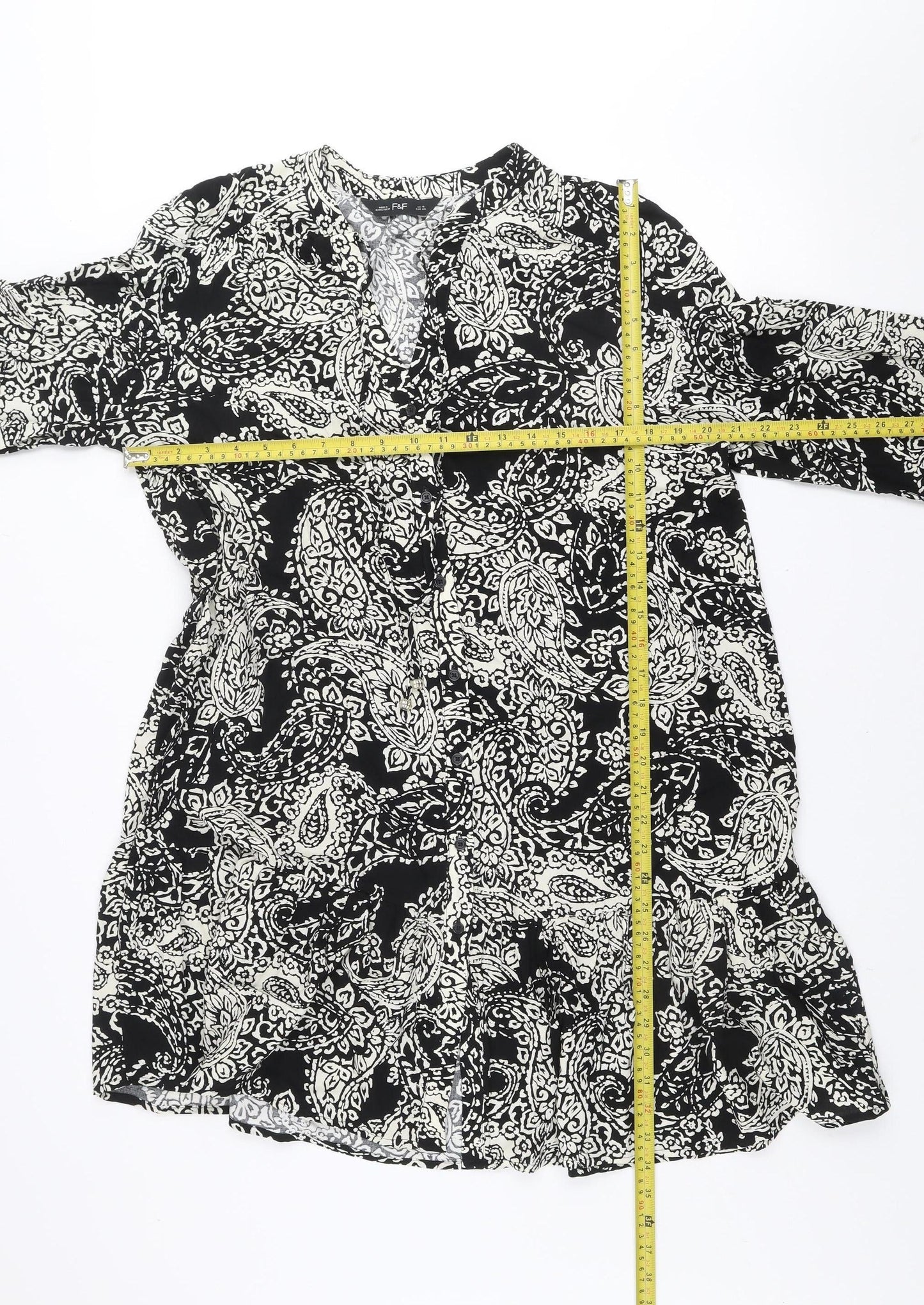 F&F Women’s Black Paisley Shift Dress Size 16 Viscose Long Sleeve