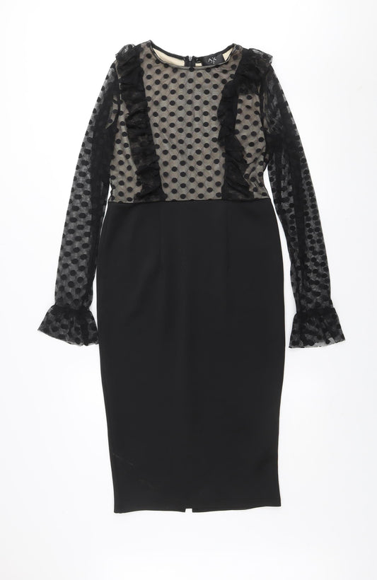 AX Paris Women Black Polka Dot Mesh Long Sleeve Bodycon Dress Size 12