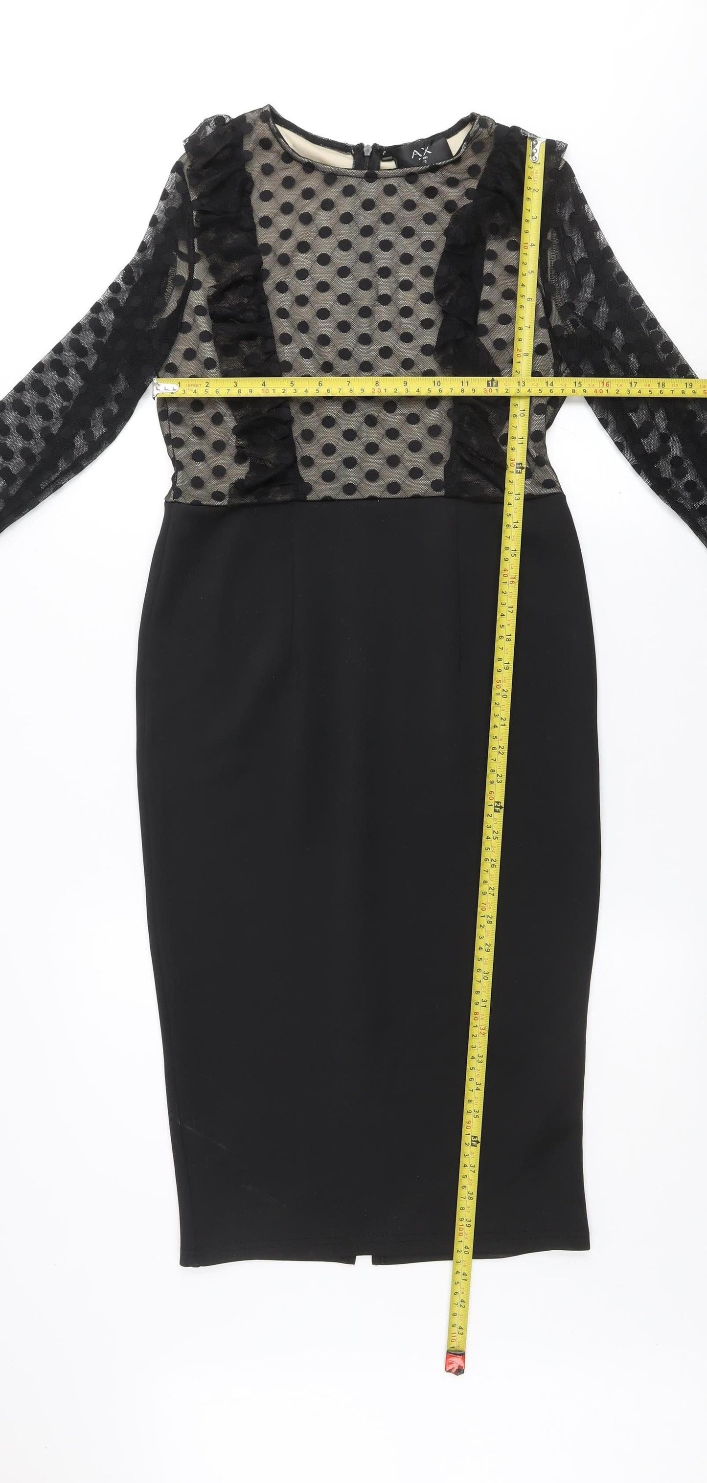 AX Paris Women Black Polka Dot Mesh Long Sleeve Bodycon Dress Size 12