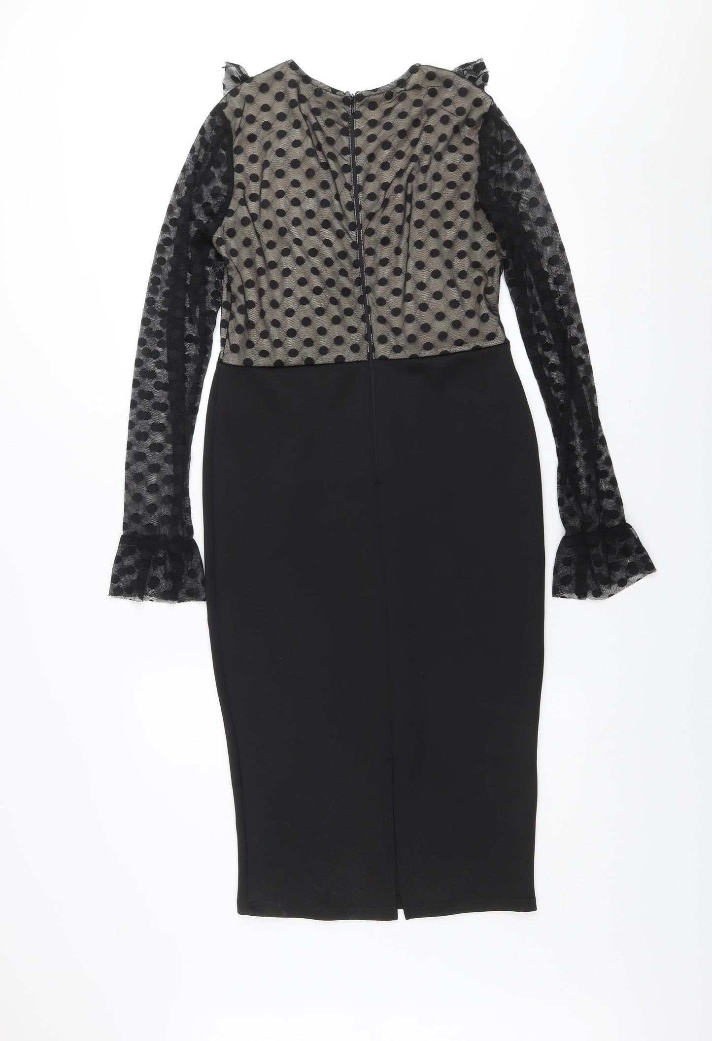 AX Paris Women Black Polka Dot Mesh Long Sleeve Bodycon Dress Size 12