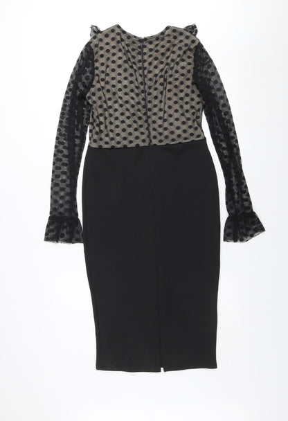 AX Paris Women Black Polka Dot Mesh Long Sleeve Bodycon Dress Size 12