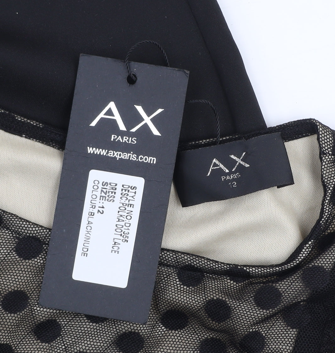 AX Paris Women Black Polka Dot Mesh Long Sleeve Bodycon Dress Size 12
