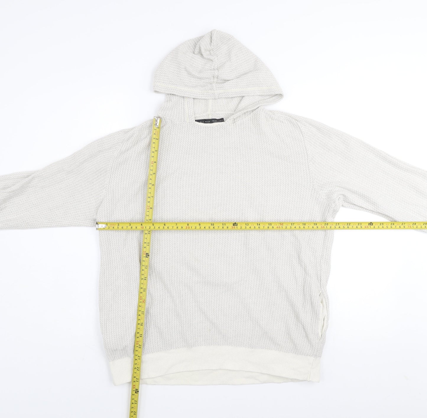 Zara Man Beige Knit Pullover Hoodie XL Men's Lightweight Cotton Blend