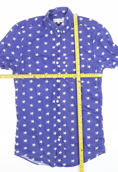 River Island Men's Blue Star Print Short Sleeve Slim Fit Button-Up Shirt XS