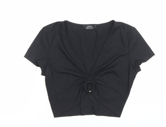 Bershka Womens Black Cropped Knotted Short Sleeve V-Neck Top Size M