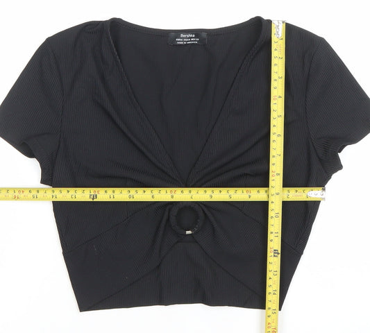 Bershka Womens Black Cropped Knotted Short Sleeve V-Neck Top Size M