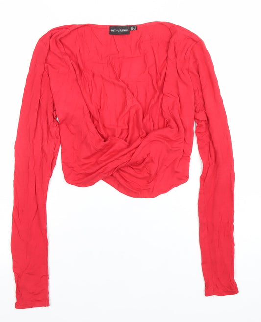 PrettyLittleThing Womens Red Cropped V-Neck Long Sleeve Blouse Size 8