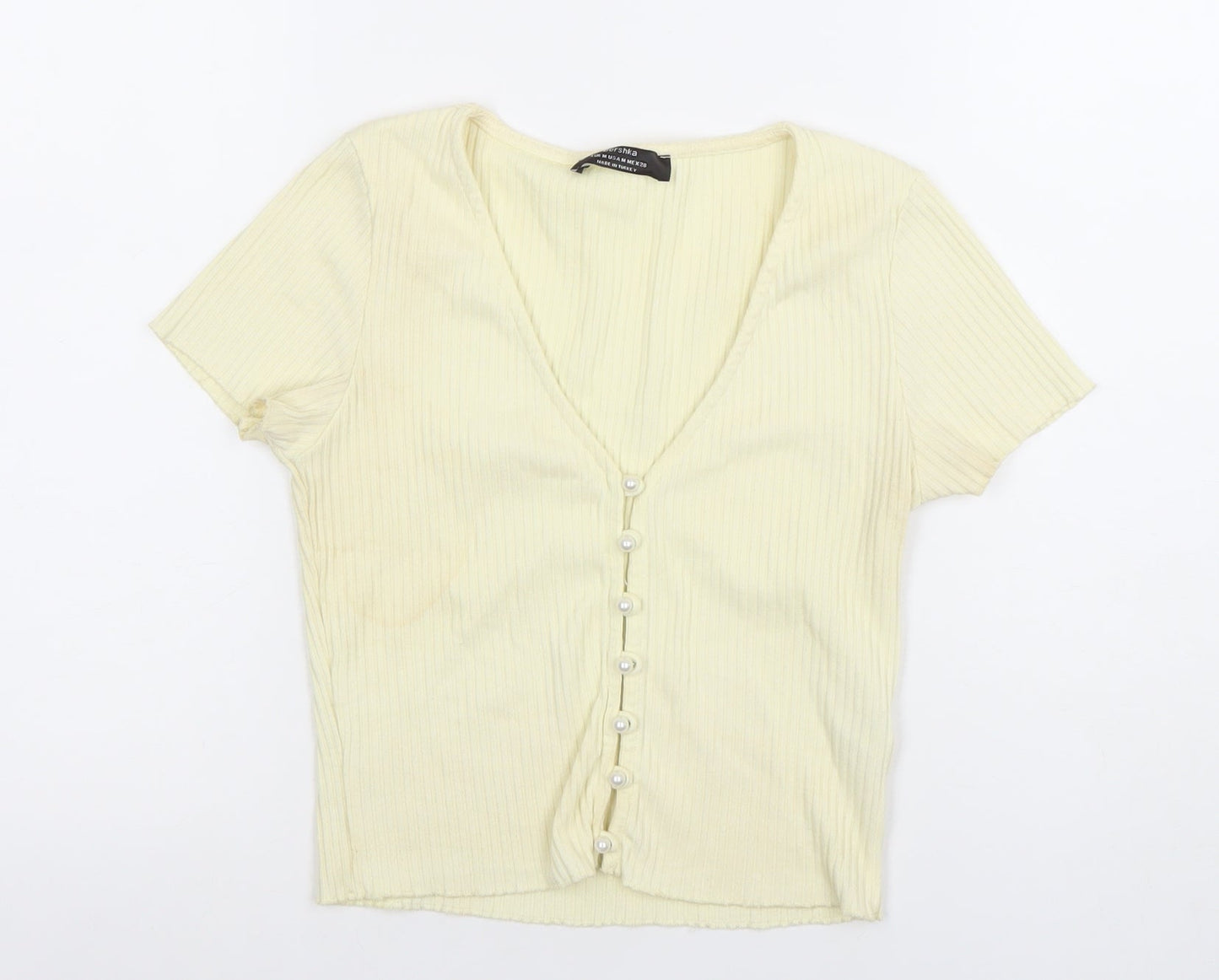 Bershka Women’s Beige Cropped Ribbed Button-Up Top Size 12