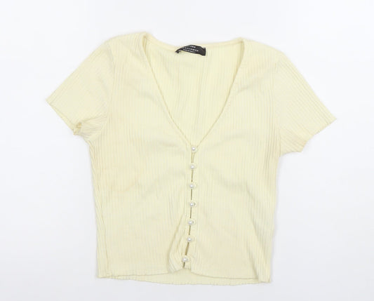 Bershka Women’s Beige Cropped Ribbed Button-Up Top Size 12