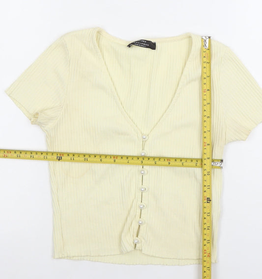 Bershka Women’s Beige Cropped Ribbed Button-Up Top Size 12