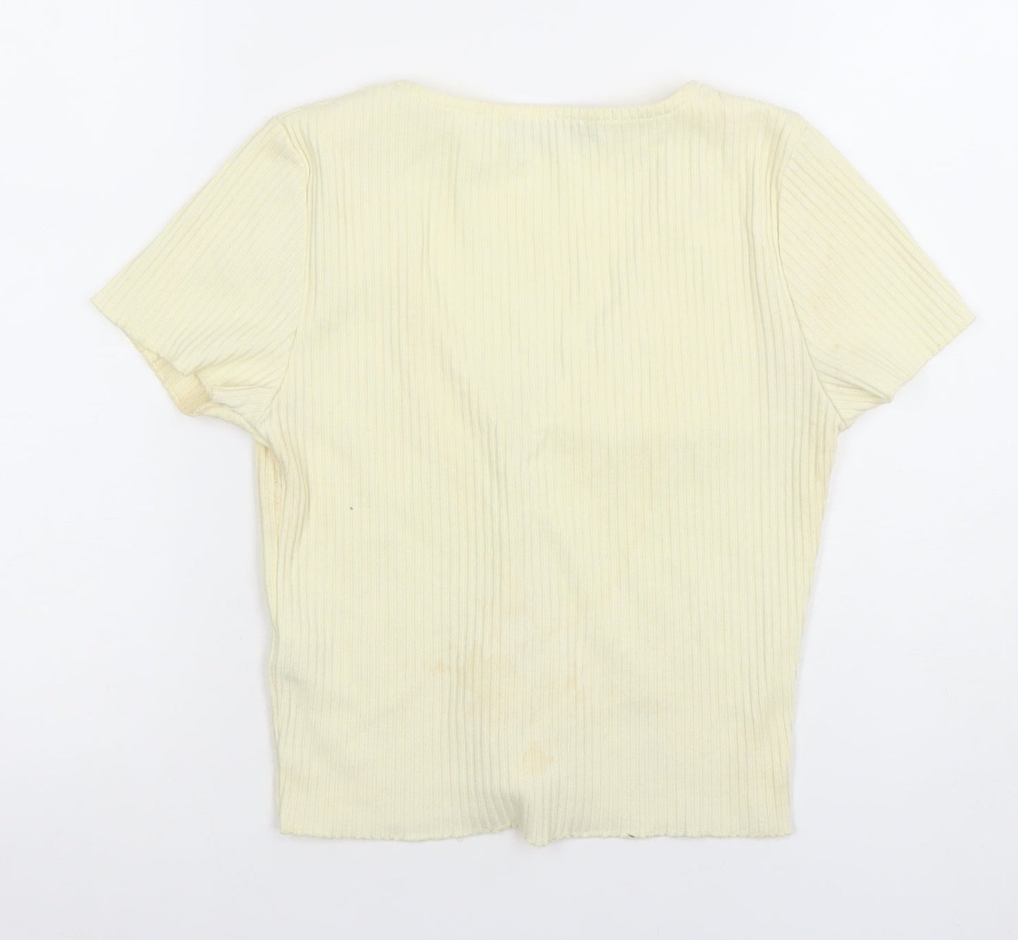 Bershka Women’s Beige Cropped Ribbed Button-Up Top Size 12